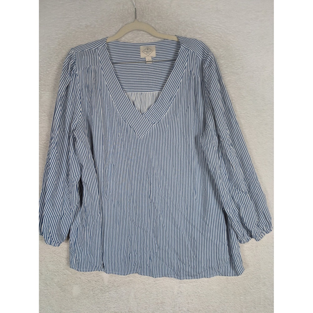 St. John's Bay Blouse Women's L Blue White Striped V-Neck Long Sleeve Relaxed